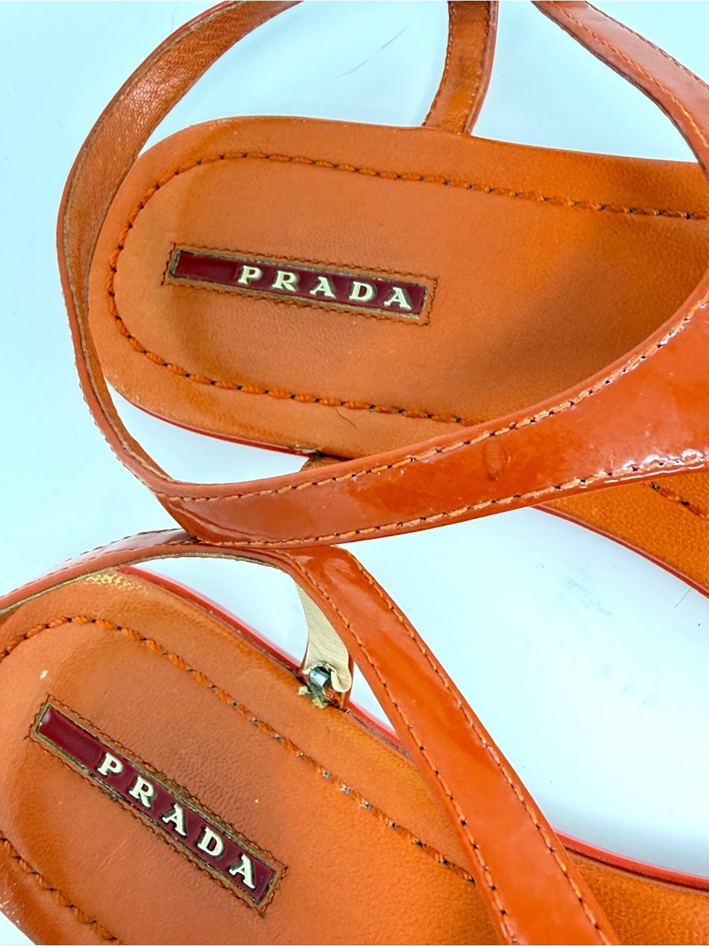 PRADA Triangle Logo Patent Leather Thong Sandals Arancio Orange-Red Size 41 US10 - Picture 7 of 16